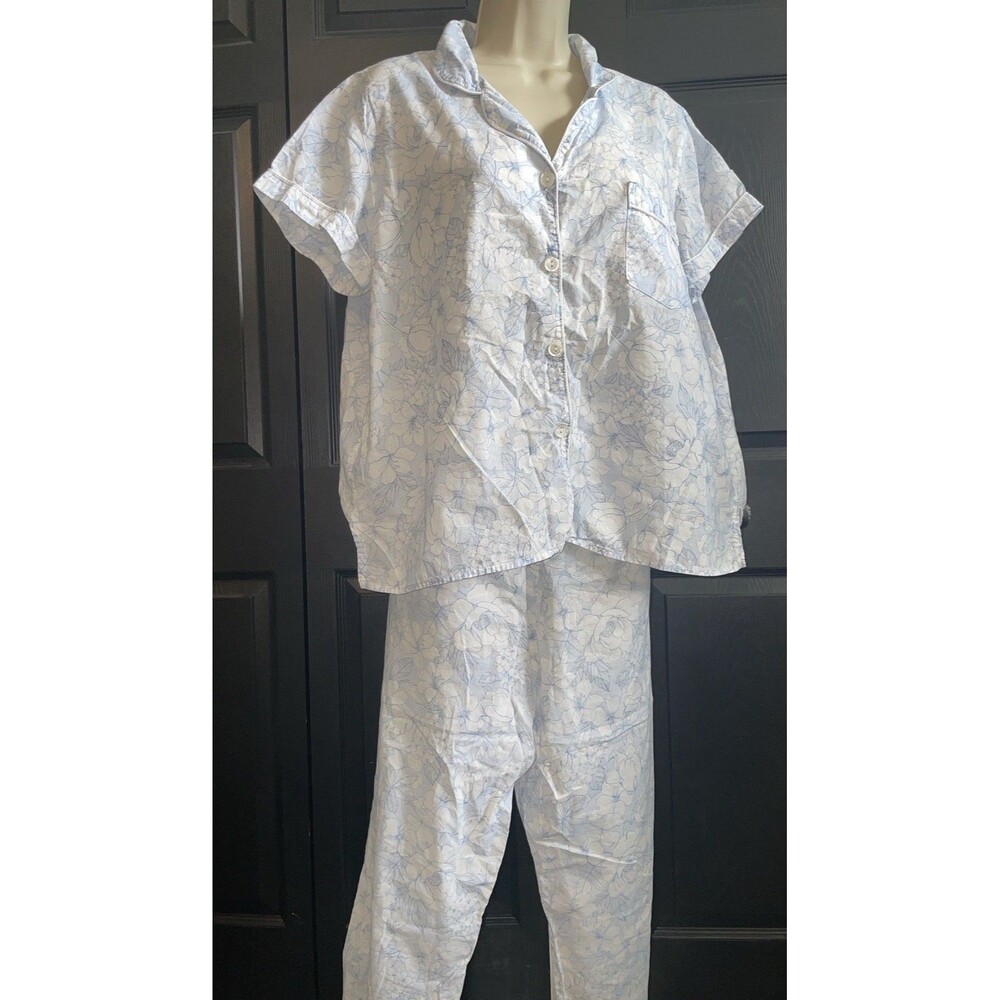 Miss Elaine Blue White Floral Pajama Set Button Top Pants Sleepwear Lounge Large
